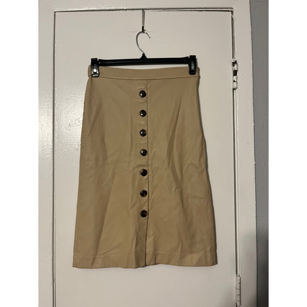 Ann Taylor Factory Tan Faux Leather Button Front Midi Skirt Beige Size 2